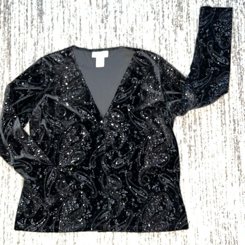 MaxiMa Women’s Size Medium Vintage Paisley‎ Print Sparkle Cardigan Sweater Black